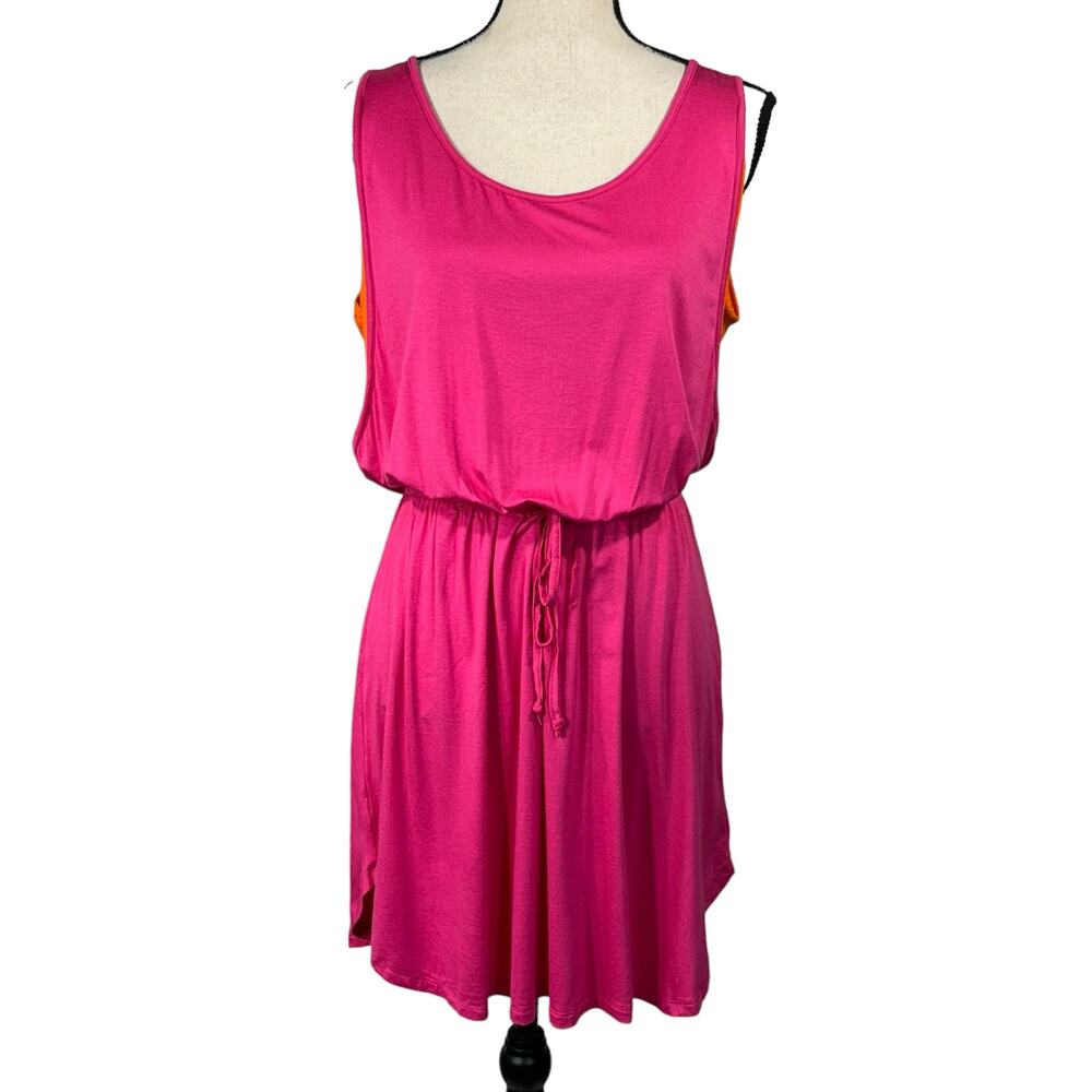 Fever Medium Mini Blouson Dress Scoop Neck Sleeveless Stretch Drawstring Waist